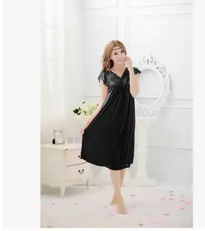 Women's Polyester V-Neck Short Sleeve Nightgowns Sleepwear Dress