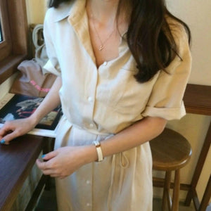 Women's Polyester Turn-Down Collar Short Sleeve Solid Pattern Dress
