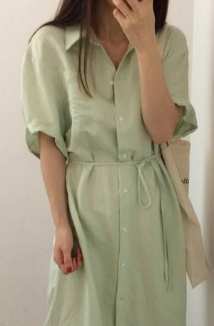 Women's Polyester Turn-Down Collar Short Sleeve Solid Pattern Dress