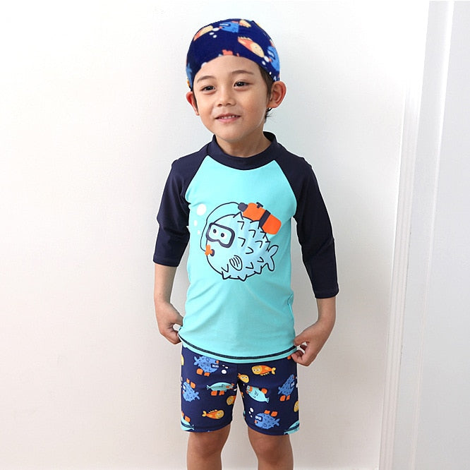 Kid's Polyester Long Sleeve Quick-Dry Swimming Suit With Hat