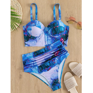 Women's Polyester High Waist Printed Pattern Swimwear Bikini Set