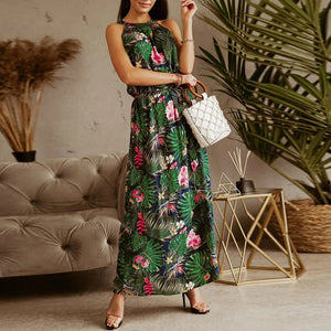 Women's Polyester Halter-Neck Sleeveless Floral Pattern Dress