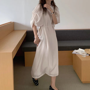 Women's O-Neck Polyester Long Sleeve Solid Pattern Vintage Dress
