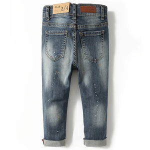 Kid's Cotton Elastic Waist Closure Solid Denim Casual Jeans