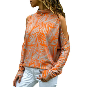 Women's Polyester High-Neck Long Sleeves Printed Pattern Blouse
