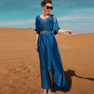 Women's Arabian O-Neck Acrylic Short Sleeve Trendy Beaded Dress