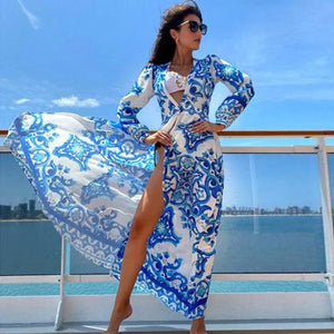 Women's V-Neck Long Sleeves Printed Pattern Luxury Beach Cover Up