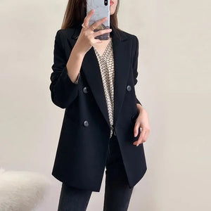 Women's Notched Polyester Full Sleeves Double Breasted Solid Blazer