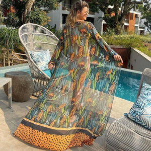 Women's Polyester Deep V-Neck Printed Pattern Bathing Cover Up