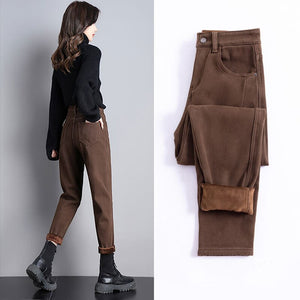 Women's Cotton High Elastic Waist Casual Wear Plain Denim Pants 
