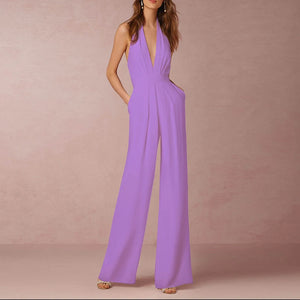 Women's Polyester Sleeveless Mid Waist Plain Elegant Jumpsuit