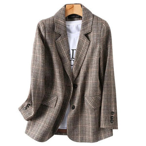 Women's Notched Full Sleeve Single Breasted Vintage Plaid Blazer