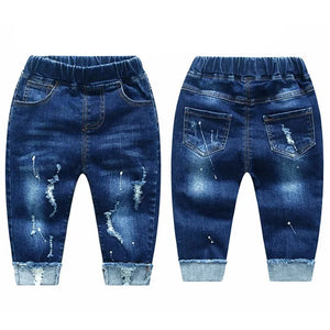 Kid's Cotton Elastic Waist Closure Ripped Pattern Casual Jeans