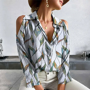Women's Polyester Turn-Down Collar Long Sleeves Printed Blouse