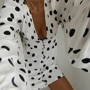 Women's Polyester V-Neck Long Sleeve Dotted Pattern Party Dress