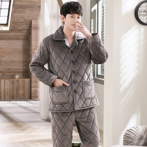 Men's Flannel Turn-Down Collar Full Sleeves Sleepwear Pajamas Set