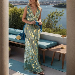 Women's Polyester V-Neck Sleeveless Printed Pattern Dress