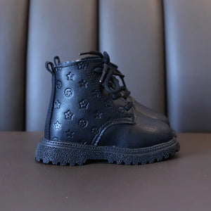 Kid's PU Leather Round Toe Cross Lace-Up Patchwork Casual Boots