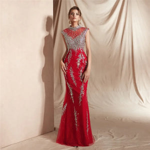 Women's O-Neck Polyester Sleeveless Luxury Beaded Prom Dress