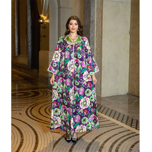 Women's Arabian V-Neck Polyester Full Sleeve Floral Pattern Dresses