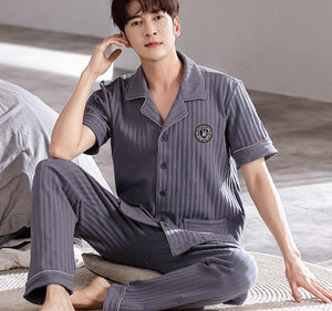 Men's Cotton Short Sleeves Elastic Waist Sleepwear Pajamas Set