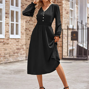 Women's Polyester V-Neck Pullover Closure Solid Pattern Dress