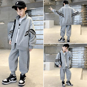 Kid's Polyester Full Sleeves Striped Pattern Zipper Tracksuit