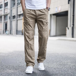 Men's Cotton Elastic Waist Closure Plain Pattern Casual Trousers