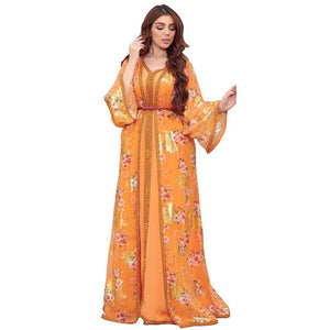 Women's Arabian V-Neck Polyester Full Sleeve Floral Casual Dress
