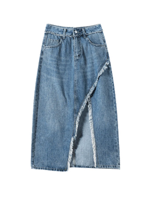 Women's Polyester High Elastic Waist Ripped Pattern Denim Skirt