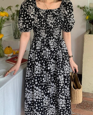 Women's Polyester Square-Neck Short Sleeves Floral Pattern Dress
