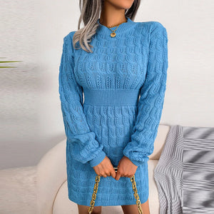 Women's Polyester Long Sleeve Knitted Pattern Pullover Mini Dress