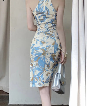 Women's Polyester O-Neck Sleeveless High Waist Floral Dress