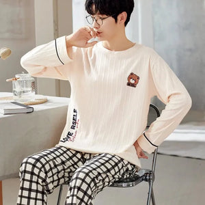Men's Cotton Full Sleeve O-Neck Plaid Pattern Pullover Sleepwear