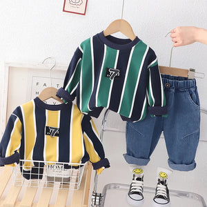 Baby's Boy Cotton Full Sleeves Striped Pattern Two-Piece Suit
