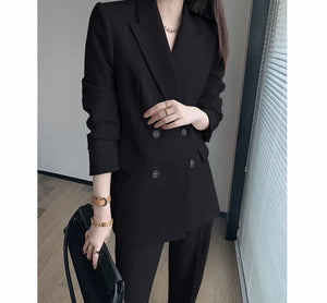 Women's Notched Collar Full Sleeves Double Breasted Blazer Set