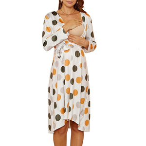 Women's Polyester V-Neck Long Sleeves Dotted Maternity Dress