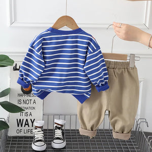 Kid's Boy Cotton O-Neck Full Sleeves Pullover Striped Trendy Suit