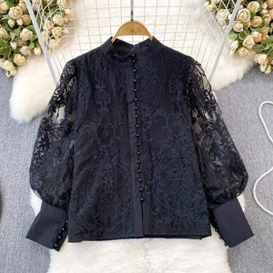 Women's Polyester O-Neck Long Sleeve Single Breasted Floral Blouses
