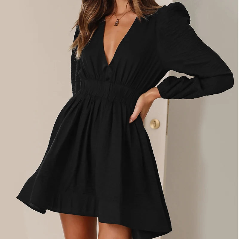 Women's Polyester V-Neck Long Sleeves Solid Pattern Sexy Dress