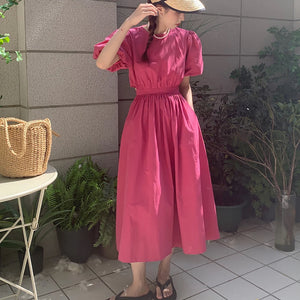 Women's O-Neck Polyester Short Sleeve Solid Pattern Vintage Dress