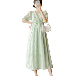 Women's Cotton V-Neck Short Sleeve Solid Pattern Maternity Dress