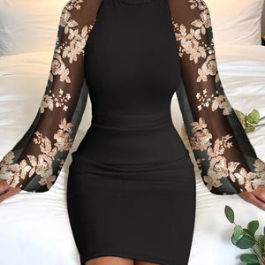 Women's Polyester O-Neck Long Sleeves Sequined Pattern Dress