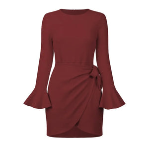 Women's Polyester O-Neck Long Sleeves Solid Pattern Party Dress