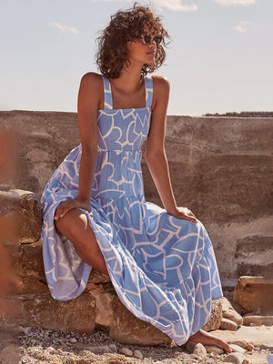 Women's Polyester Square-Neck Sleeveless Printed Pattern Dress