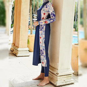 Women's Arabian Nylon Full Sleeves Floral Pattern Swimwear Dress