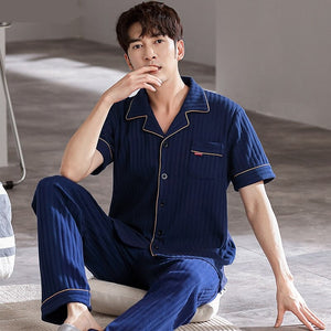 Men's Cotton Turn-Down Collar Short Sleeves Pajamas Sleepwear Set