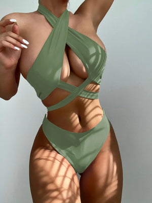 Women's Polyester High Waist Solid Pattern Swimwear Sexy Bikini Set