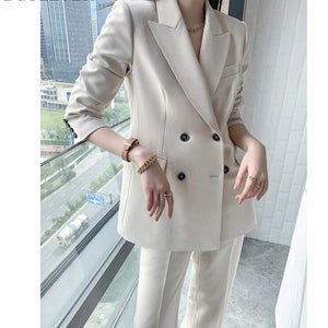 Women's Cotton Full Sleeves Double Breasted High Waist Blazer Set