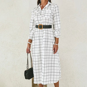 Women's Polyester Turn-Down Collar Long Sleeves Plaid Pattern Dress